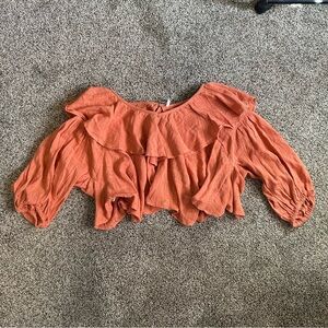 Women's Orange Cropped Ruffled Peasant Top